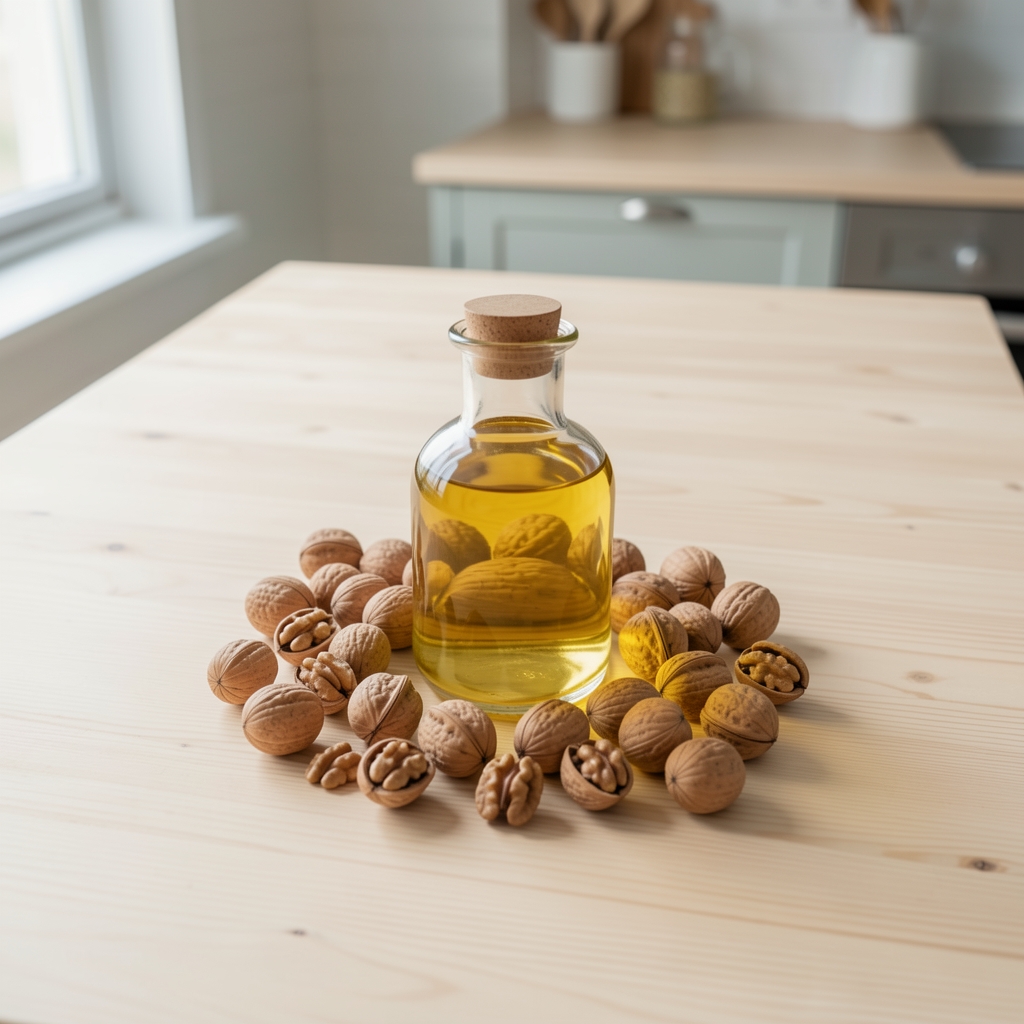 Frische Walnüsse, Leinöl-Flasche und Lachs auf einem hellen Holztisch, Draufsicht, natürliches Tageslicht, minimalistische Küchenkomposition