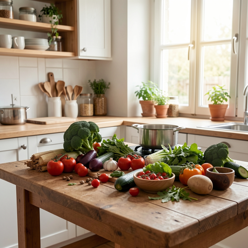 Helle Küche mit frischen Zutaten auf einem Holztisch, natürliches Tageslicht fällt durch ein Fenster ein, ruhige Atmosphäre für bewusstes Kochen